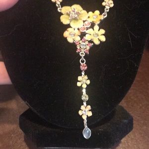 Ceramic and Clear Stone Cascading Flower Necklace